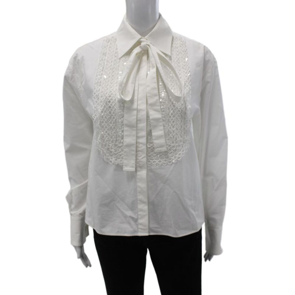 Valentino Womens Basic White Cotton Collared Long Sleeve Blouse Size 40